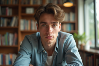 Jeune homme assis dans une librairie lumineuse