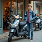 Jeune garçon avec sac à dos près d'une moto d'occasion en ville