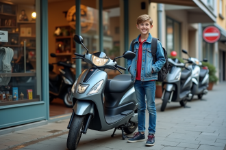 Jeune garçon avec sac à dos près d'une moto d'occasion en ville