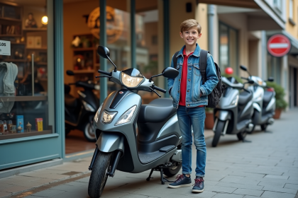 Jeune garçon avec sac à dos près d'une moto d'occasion en ville