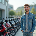 Jeune homme en denim devant motos 125cc neuves