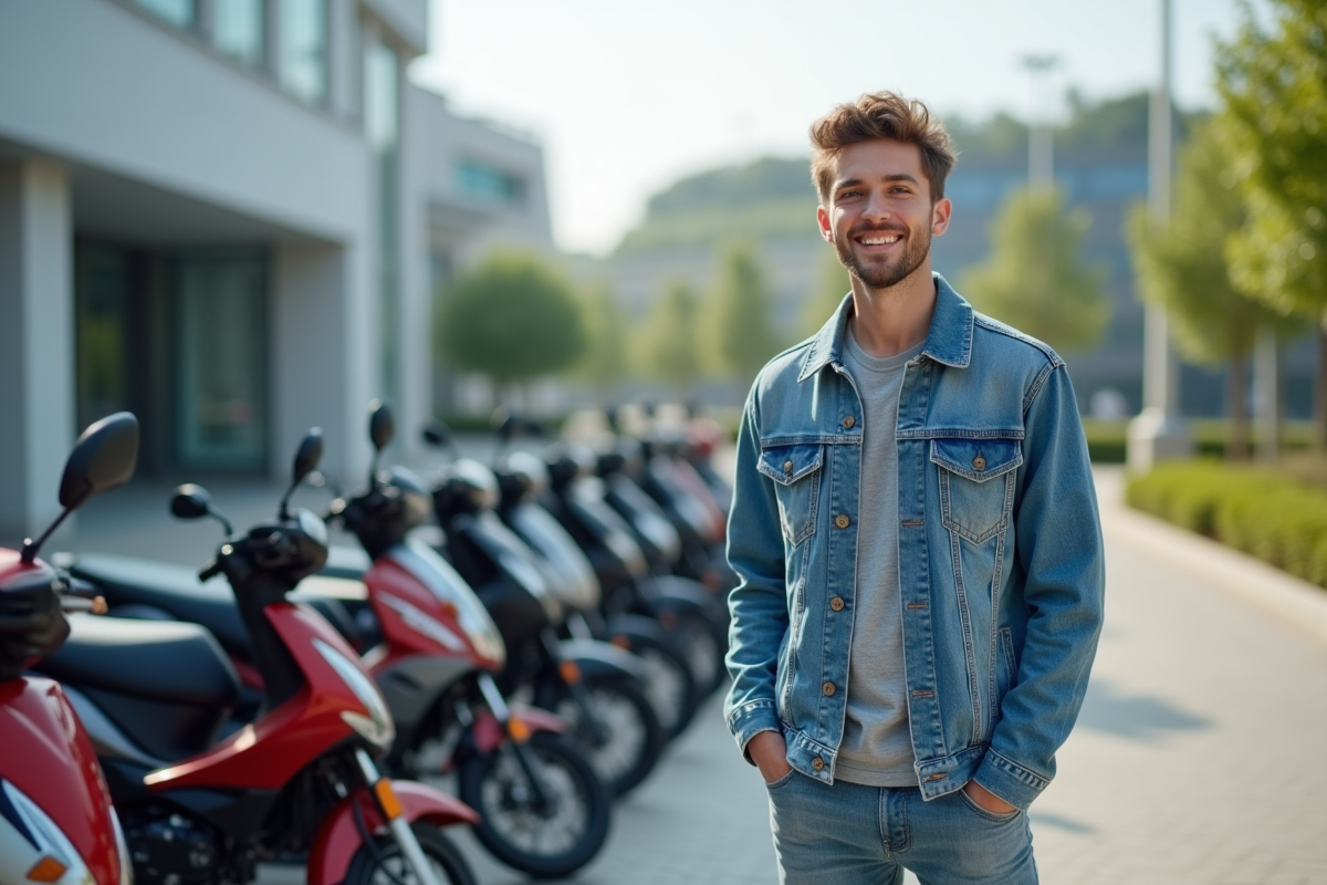 Jeune homme en denim devant motos 125cc neuves