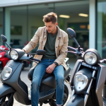 Jeune homme compare deux motos 125cc en concession