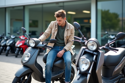 Jeune homme compare deux motos 125cc en concession