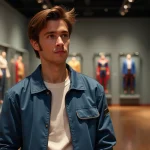 Jeune homme regardant des costumes Disney dans un musée