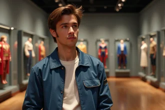 Jeune homme regardant des costumes Disney dans un musée