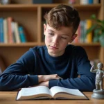 Jeune garçon étudiant examinant une statue ancienne à son bureau