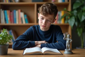 Jeune garçon étudiant examinant une statue ancienne à son bureau