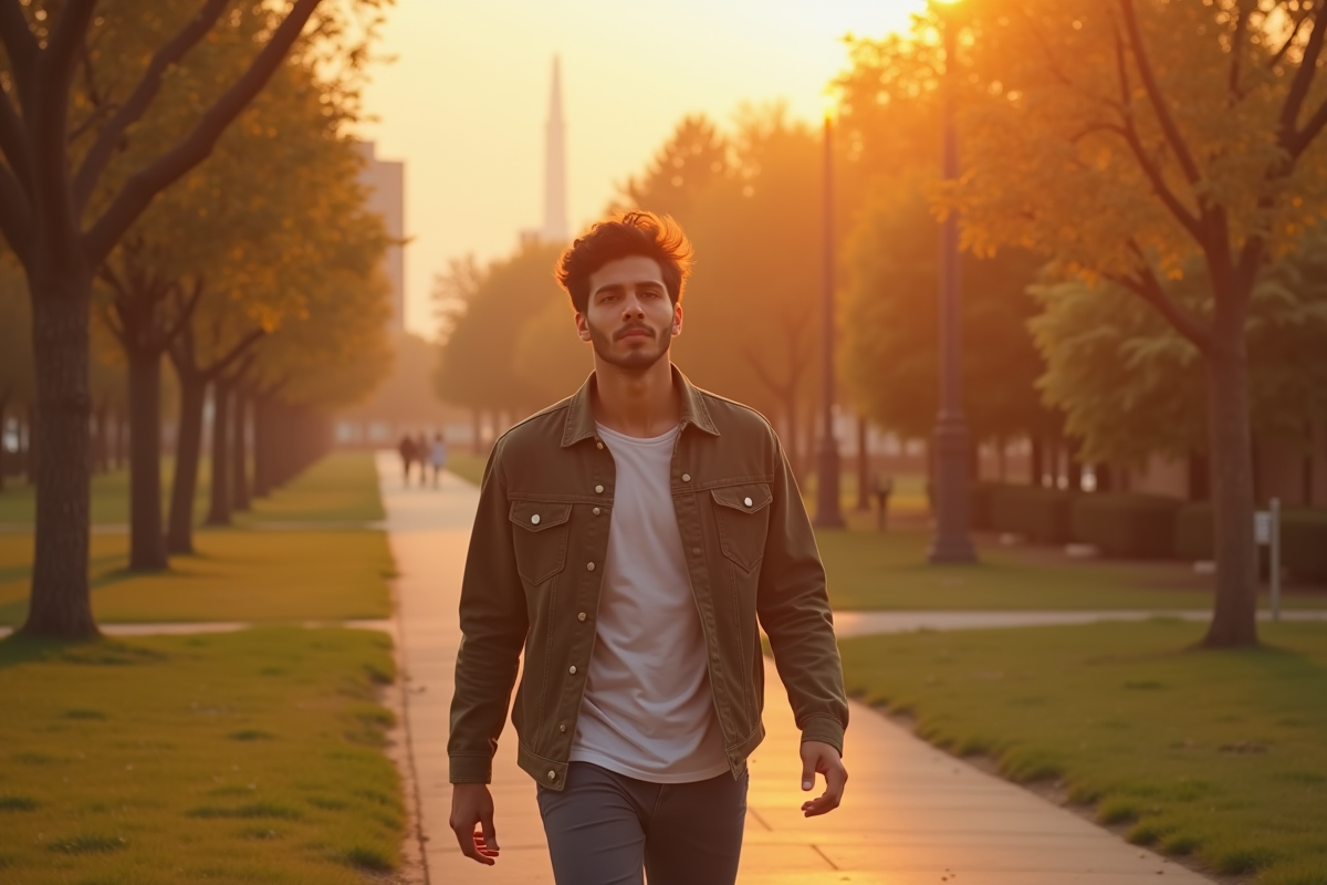 Jeune homme marchant dans un parc en fin d