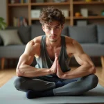 Jeune homme en yoga dans un salon calme et lumineux