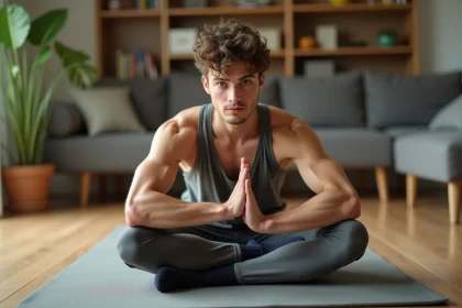 Jeune homme en yoga dans un salon calme et lumineux