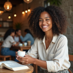 Jeune femme réunionnaise lisant dans un café moderne