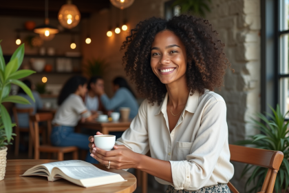 Jeune femme réunionnaise lisant dans un café moderne