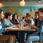 Groupe de jeunes en discussion dans une cafetéria moderne