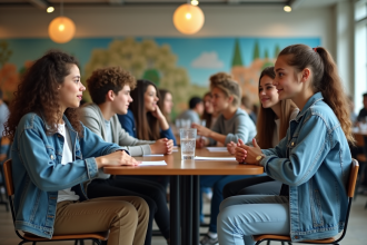 Groupe de jeunes en discussion dans une cafetéria moderne