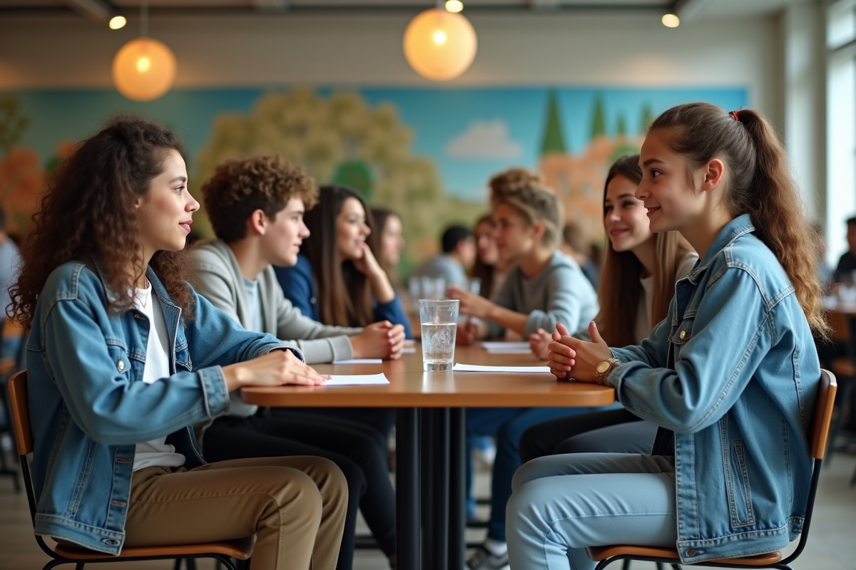 Groupe de jeunes en discussion dans une cafetéria moderne