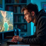 Joueur frustré bloqué sur un combat de quête dans un jeu RPG fantasy devant son écran de gaming