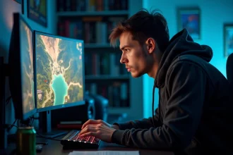 Joueur frustré bloqué sur un combat de quête dans un jeu RPG fantasy devant son écran de gaming