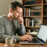 Joueur adulte concentré devant un jeu de devinette de mots en ligne sur laptop dans un bureau cosy