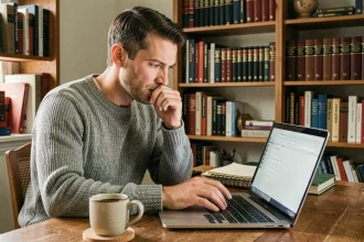 Joueur adulte concentré devant un jeu de devinette de mots en ligne sur laptop dans un bureau cosy