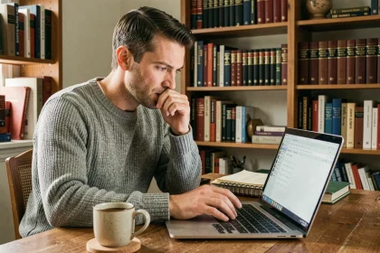 Joueur adulte concentré devant un jeu de devinette de mots en ligne sur laptop dans un bureau cosy