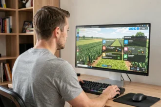 Joueur adulte configurant Simagri France 3 sur PC avec interface de simulation agricole visible à l'écran