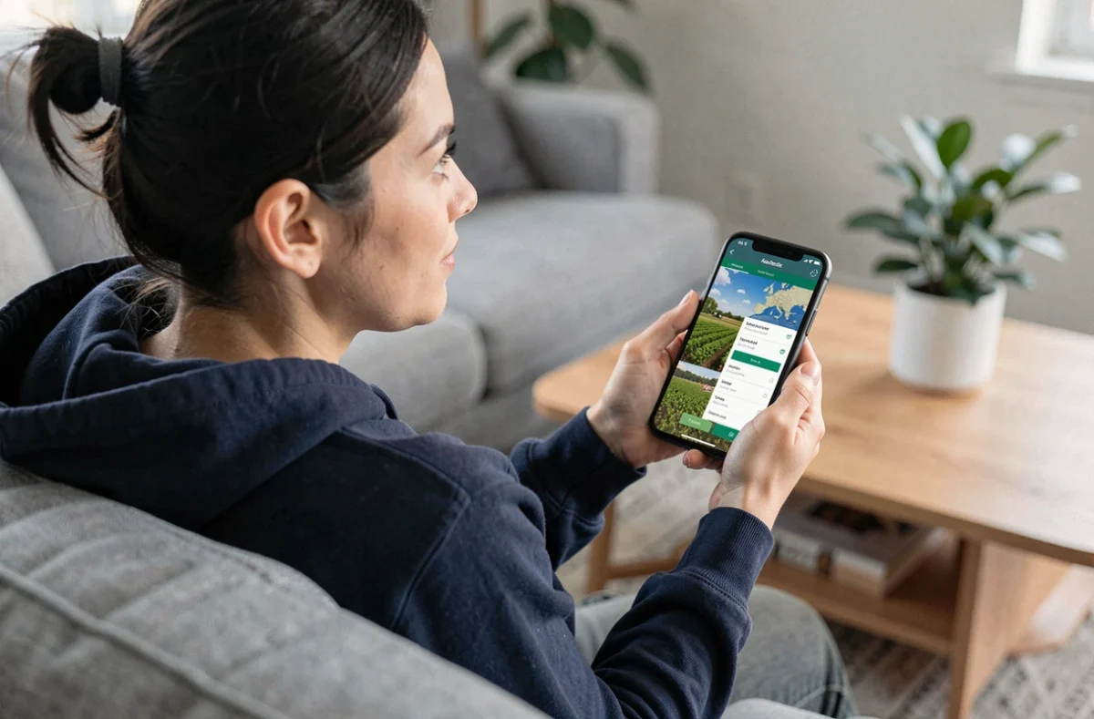 Femme jouant à Simagri France 3 sur smartphone depuis son canapé avec carte agricole française à l'écran