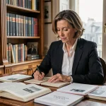 Journaliste et auteure française assise à son bureau parisien entouré de livres et de documents, prenant des notes avec concentration