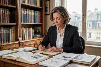 Journaliste et auteure française assise à son bureau parisien entouré de livres et de documents, prenant des notes avec concentration