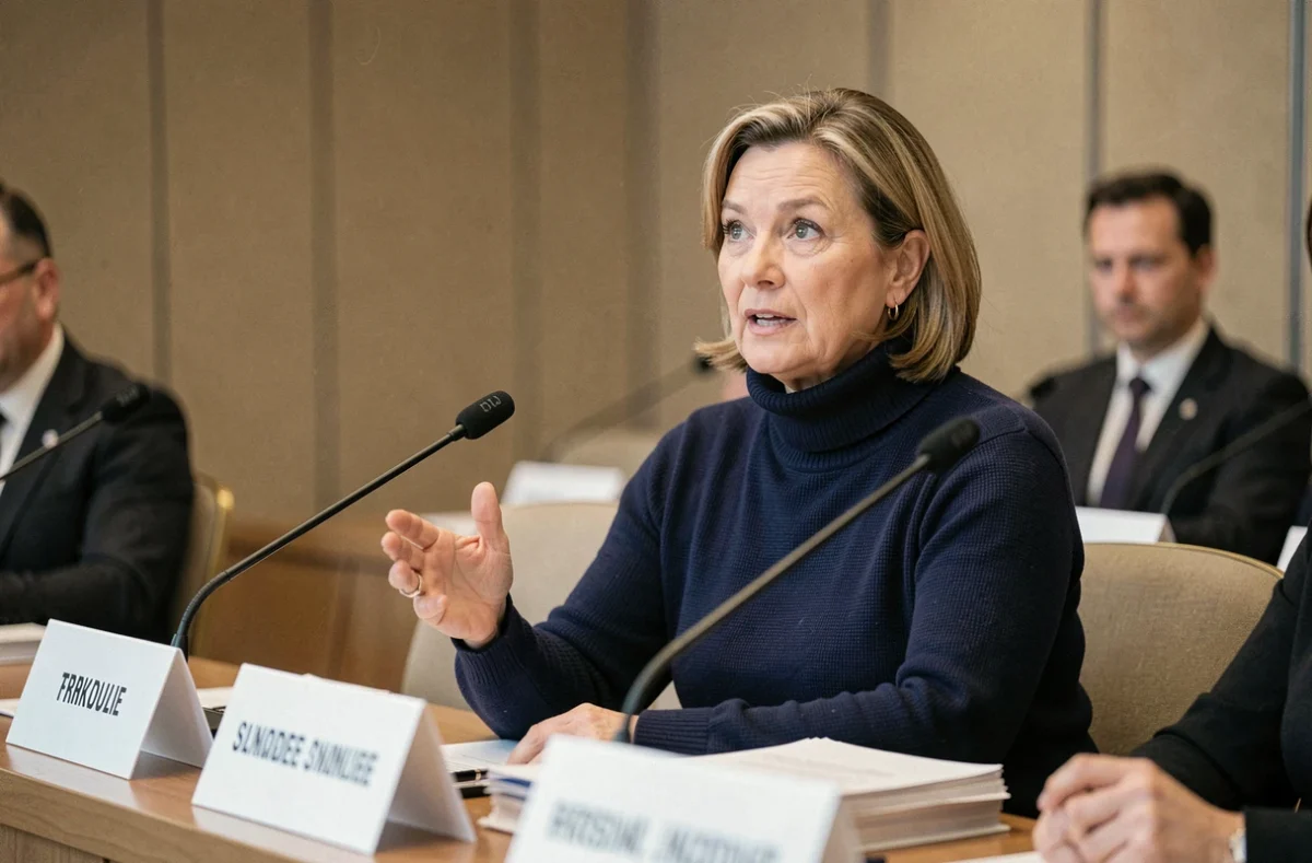 Journaliste française prenant la parole lors d'une conférence ou d'un débat géopolitique autour d'une table avec des microphones