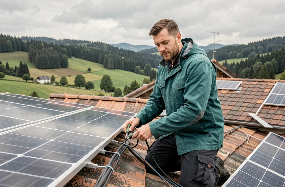 Électricien Jura Elec Services connectant le câblage de panneaux solaires sur le toit d'une maison dans le Jura