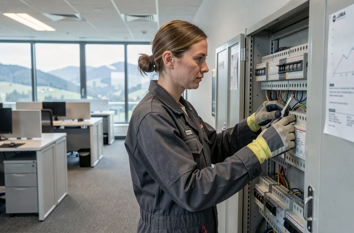 Électricienne Jurélec configurant un tableau de distribution dans un immeuble de bureaux du Jura