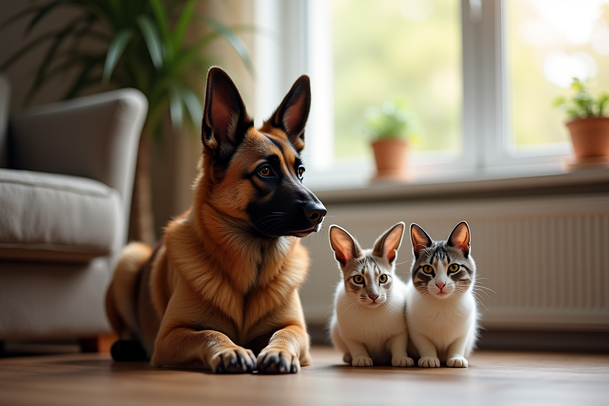 Chien Laekenois avec chat et lapin en intérieur