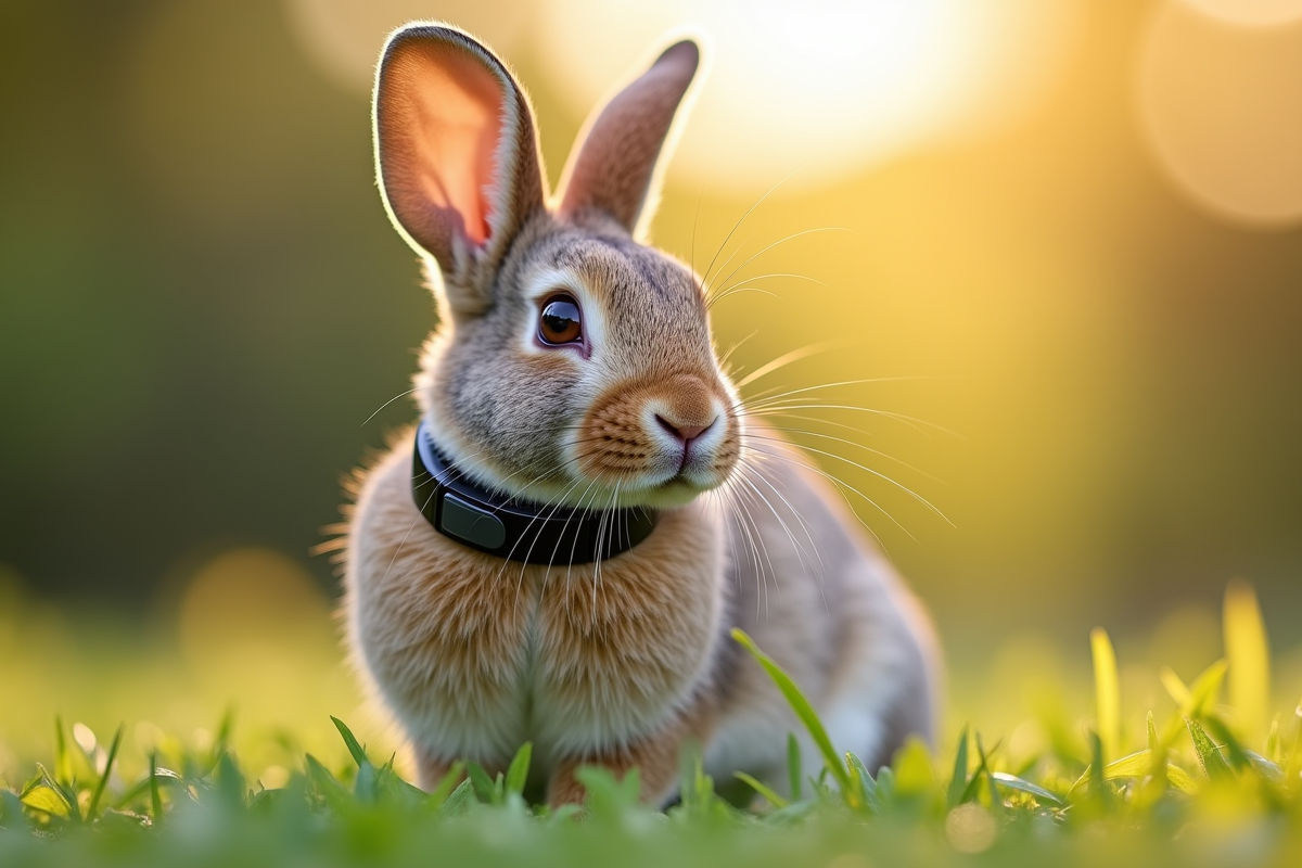 Lapin portant un collier de suivi dans un jardin ensoleille