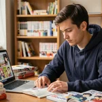 Jeune homme lisant un manga One Punch Man en français à son bureau encombré de volumes manga et d'un ordinateur portable