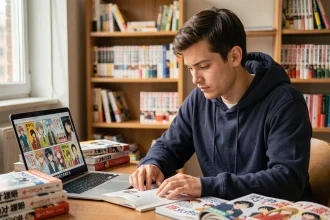 Jeune homme lisant un manga One Punch Man en français à son bureau encombré de volumes manga et d'un ordinateur portable