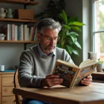 Homme lisant une bande dessinée américaine traduite en français