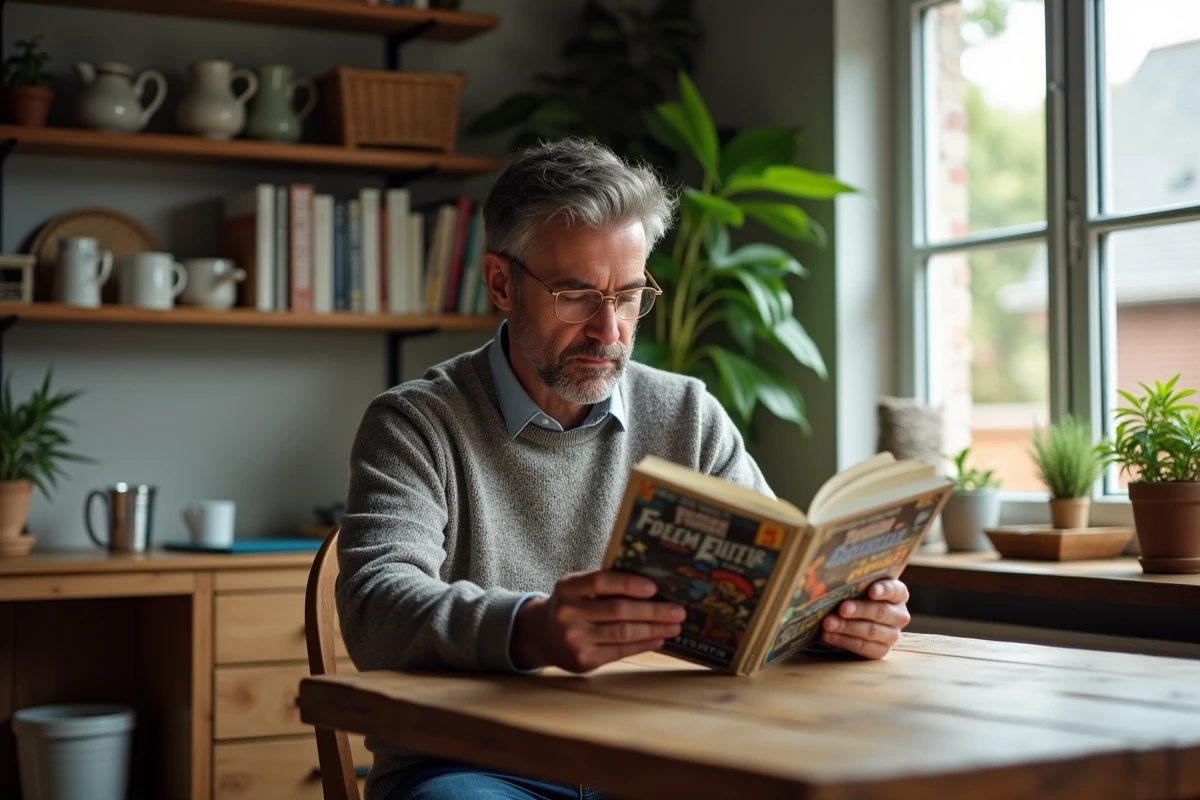 Homme lisant une bande dessinée américaine traduite en français