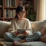 Jeune femme lisant des scans de manga sur une tablette numérique dans un salon cosy rempli de volumes de manga
