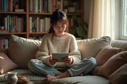 Jeune femme lisant des scans de manga sur une tablette numérique dans un salon cosy rempli de volumes de manga
