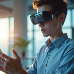 Jeune professionnel avec lunettes AR dans un bureau moderne