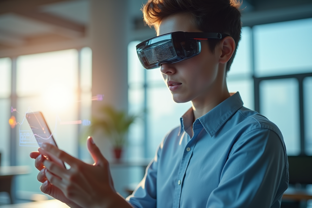 Jeune professionnel avec lunettes AR dans un bureau moderne