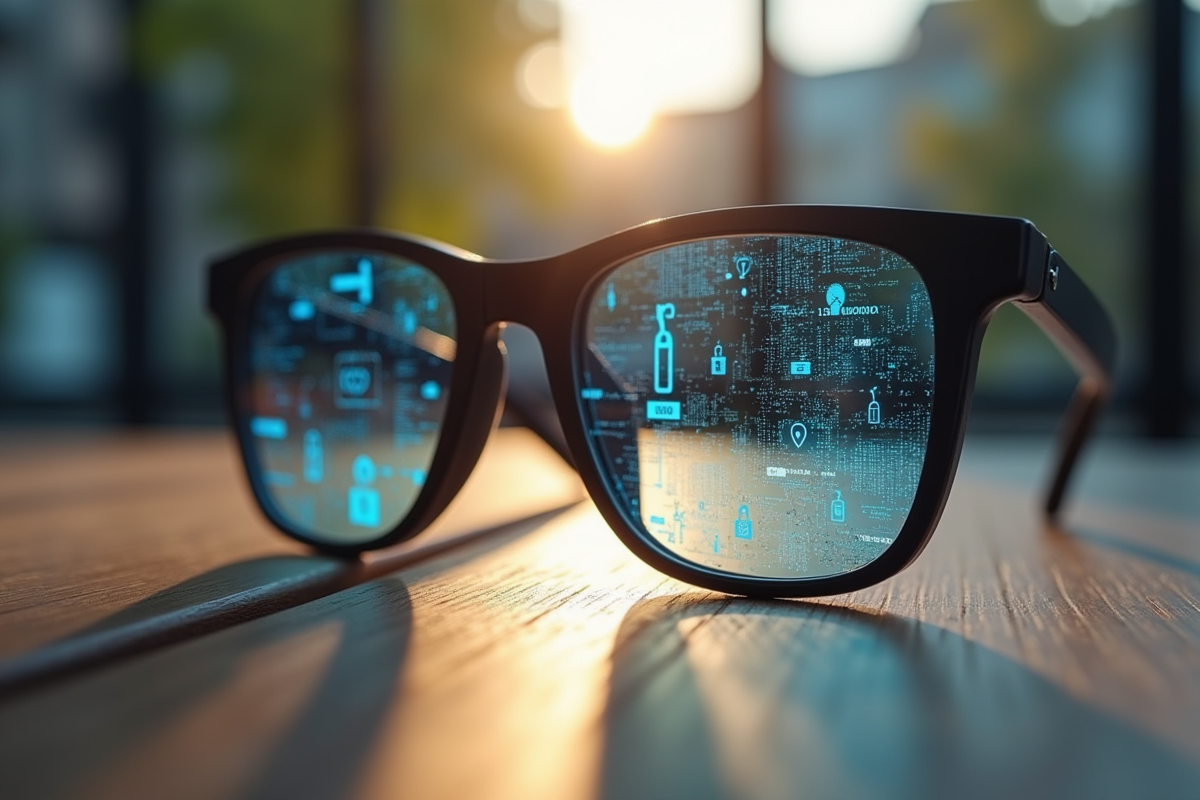 Lunettes AR sur une table avec reflets de cadenas numériques