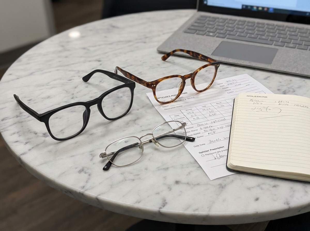 Trois paires de lunettes de lecture posées sur une surface en marbre avec une ordonnance optique