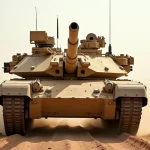 Char M1A1 Abrams vu de face sur un terrain d'entraînement désertique montrant son blindage composite et son canon de 120mm