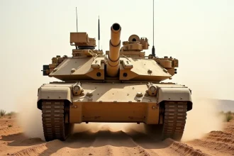 Char M1A1 Abrams vu de face sur un terrain d'entraînement désertique montrant son blindage composite et son canon de 120mm