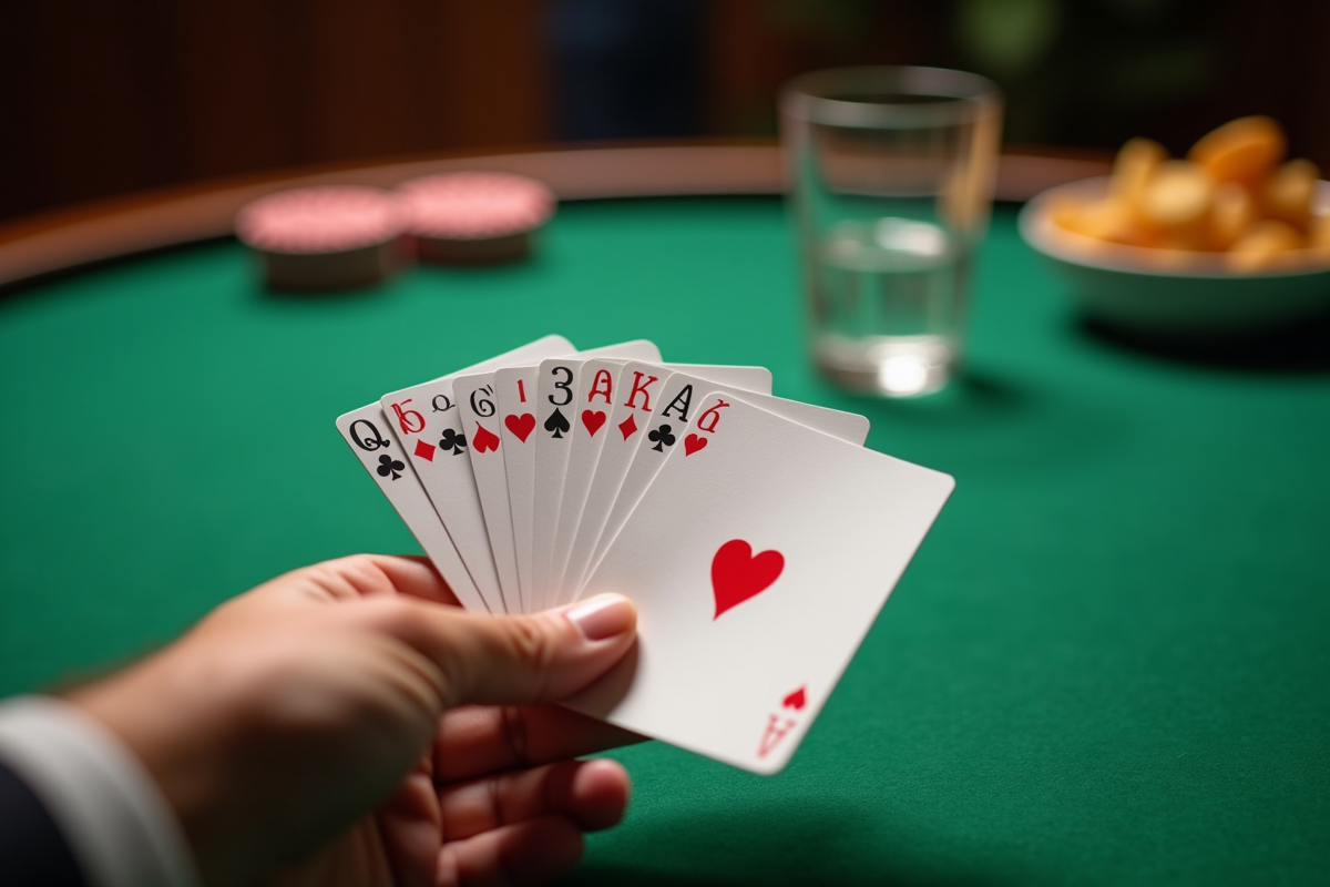 Main tenant une combinaison gagnante de belote sur une table verte