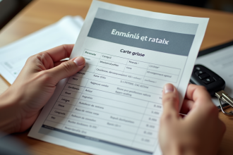 Main tenant une carte grise française avec clés de voiture sur bureau