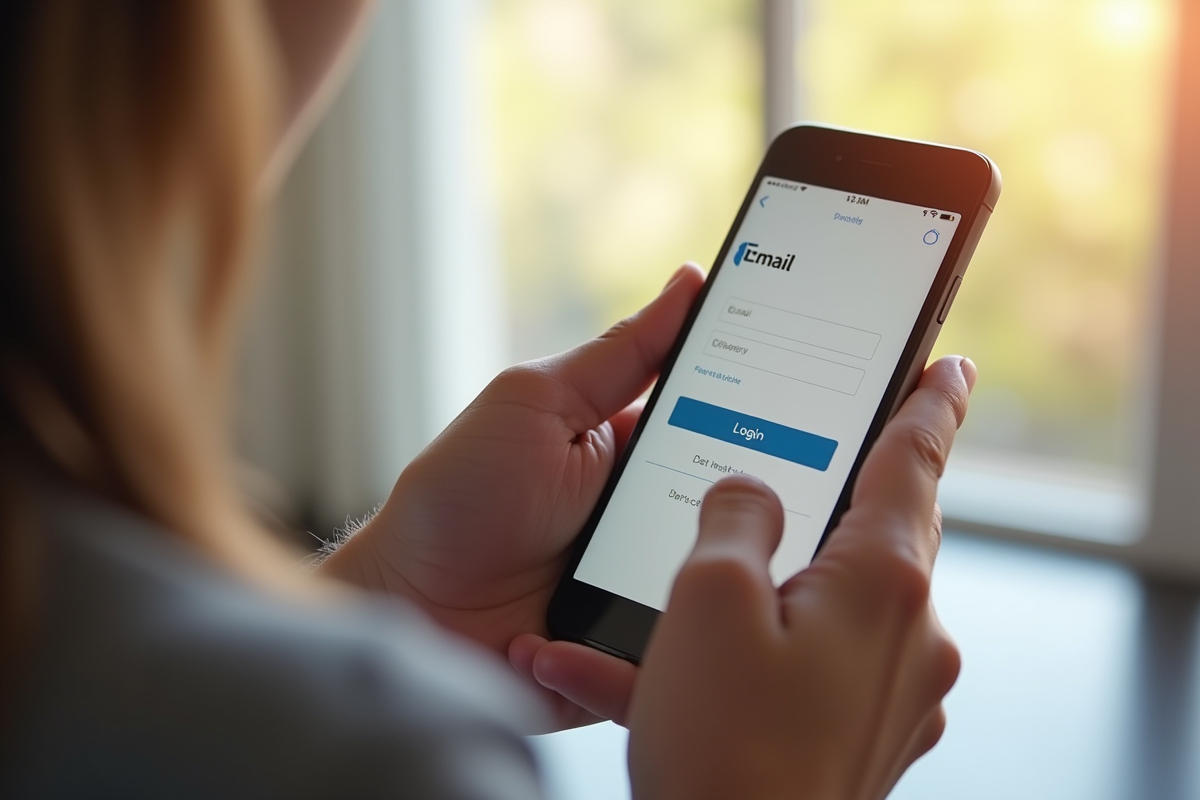 Mains tenant un smartphone affichant une page de connexion email