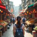 Marché de rue asiatique animé en plein jour avec vendeurs et visiteurs